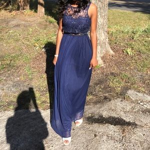 A navy blue ball dress.